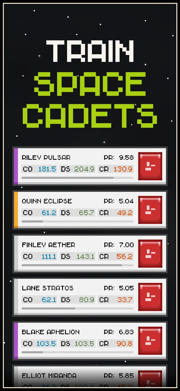 Space Academy Idle promotional artwork showing trained cadets and their Cognition, Discipline, and Creativity stats