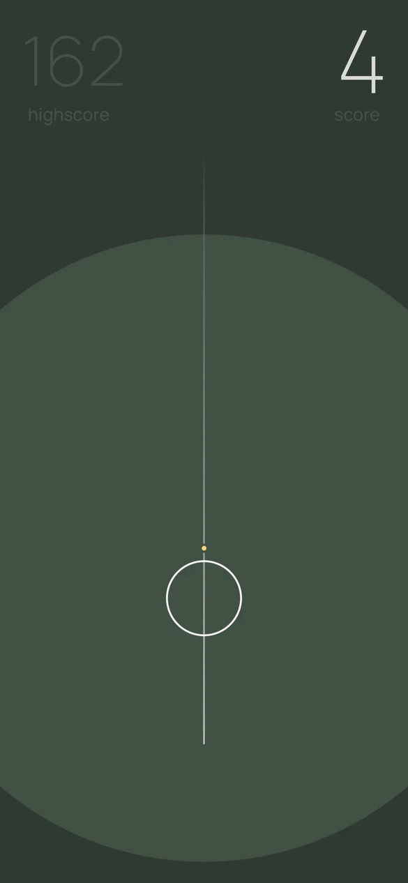 A white outlined circle and yellow dot on a track with overlapping muted green shapes