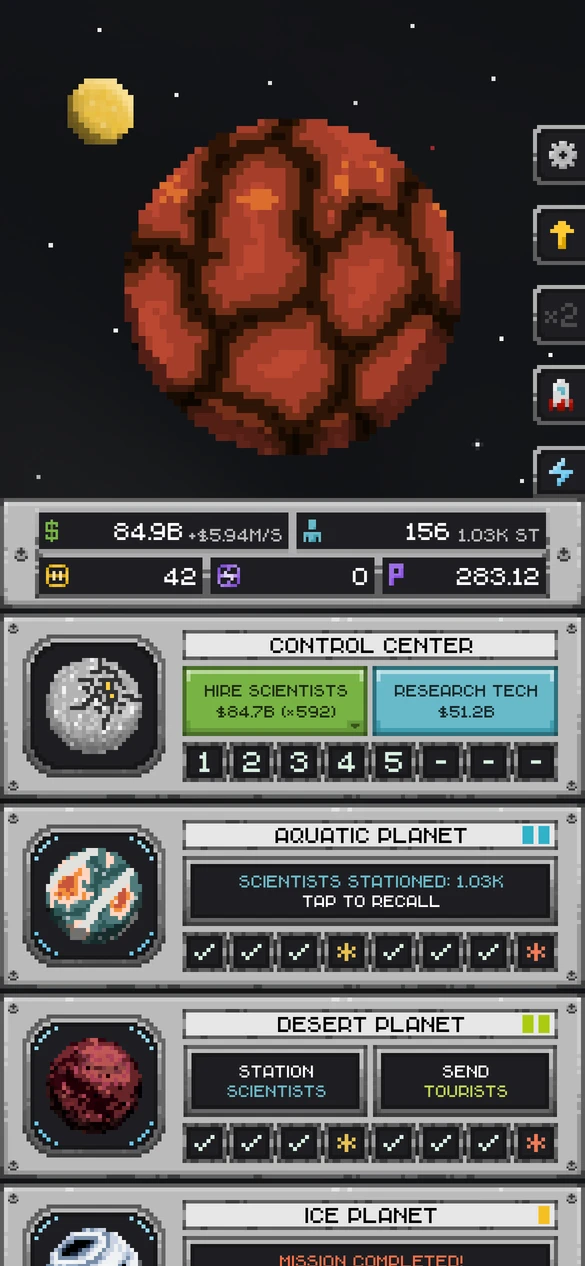 A red pixel-art planet above the control center, scientist hiring, and expedition panels