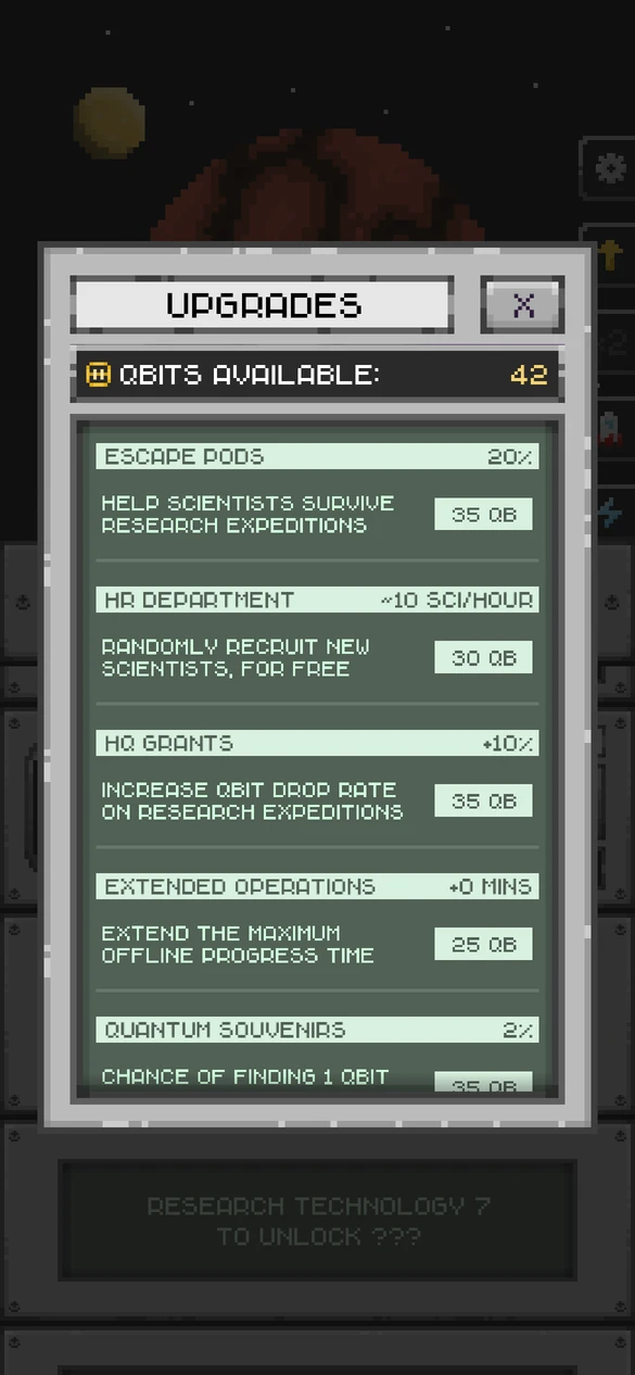 QBit upgrades for escape pods, recruitment, grants, and longer expeditions