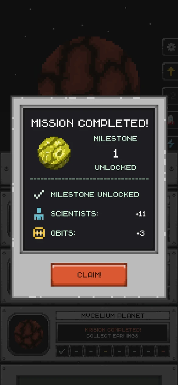 A completed mission unlocking a milestone and rewarding scientists and QBits