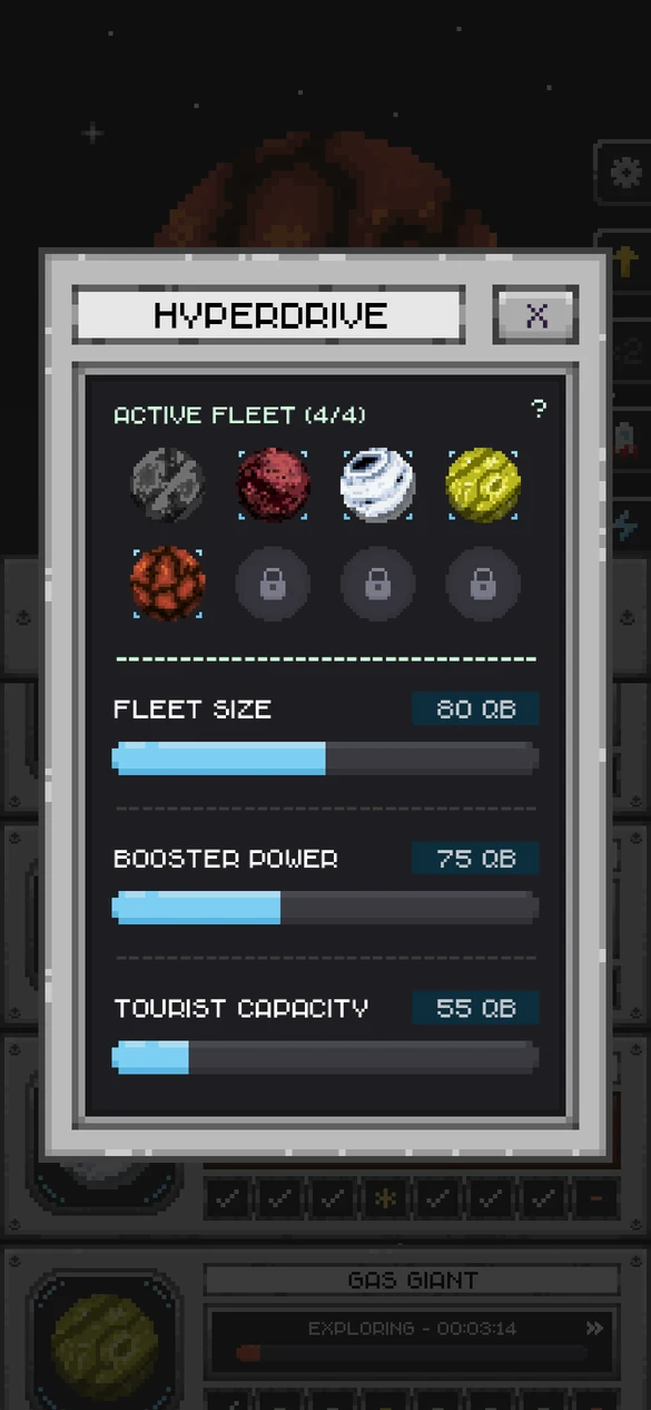 Hyperdrive fleet management showing four active planets and fleet, booster, and tourist capacity upgrades