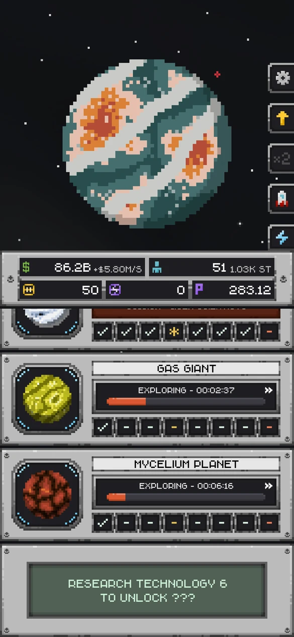 A teal and orange aquatic planet above active research expeditions