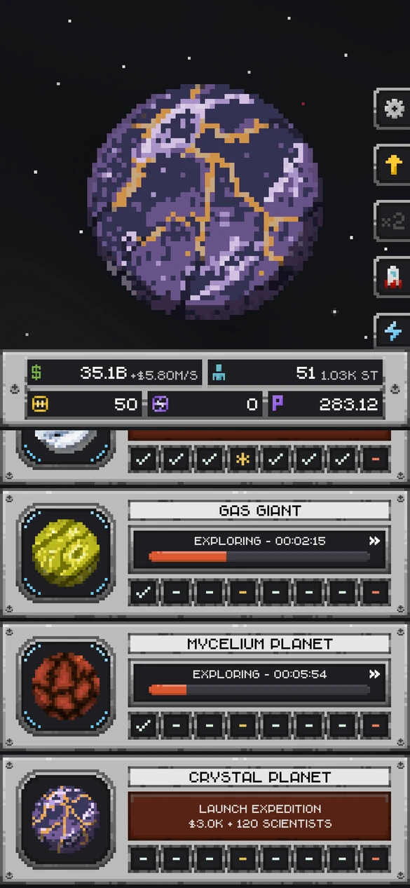 A purple crystal planet with an expedition ready to launch and other missions in progress