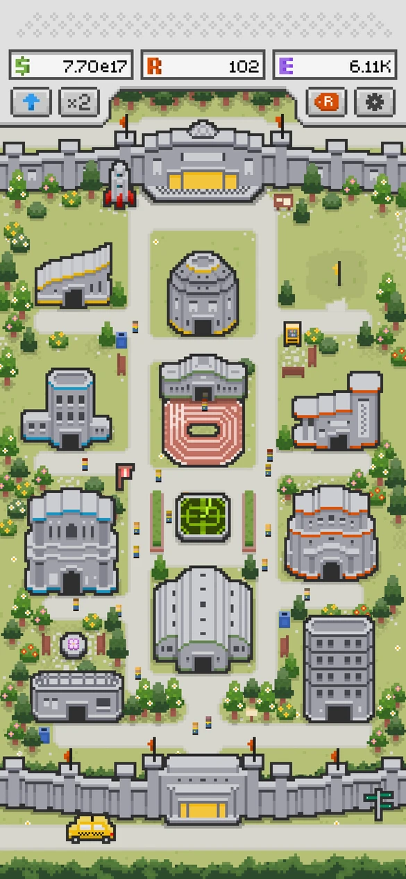 A green pixel-art campus with academic buildings, students, landmarks, and a yellow car