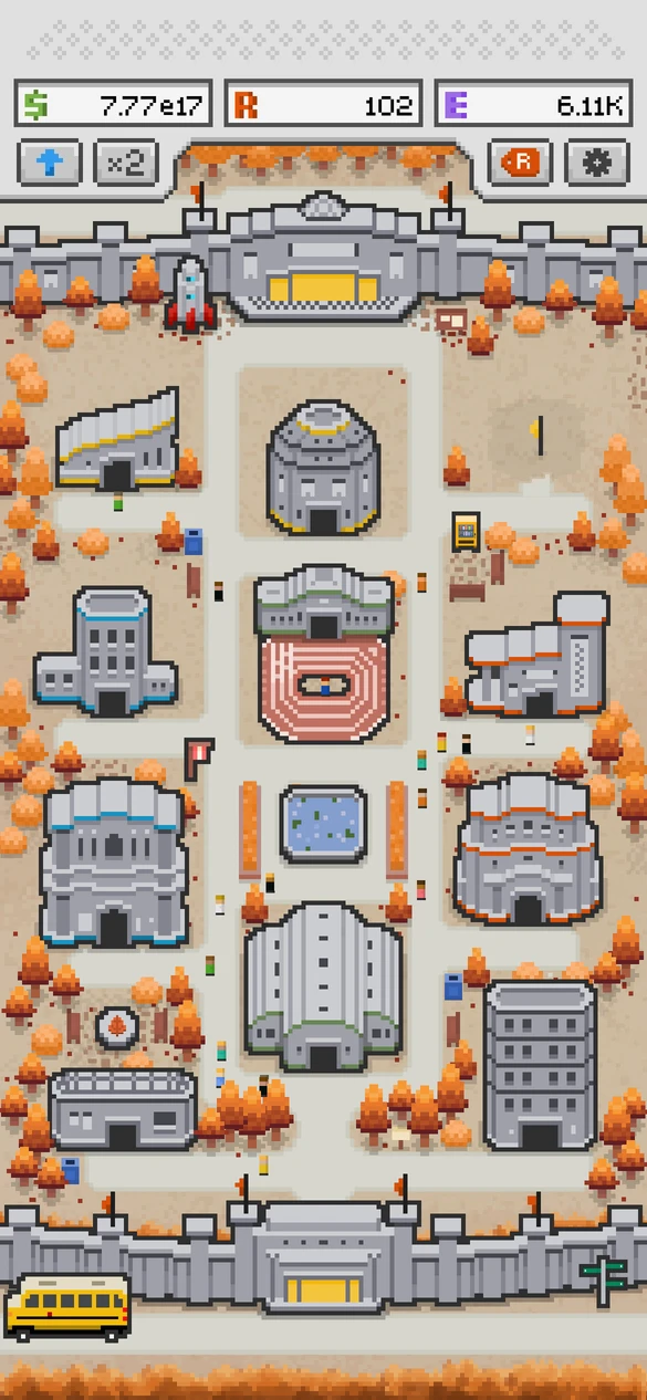 Space Academy Idle campus with orange autumn trees and a school bus