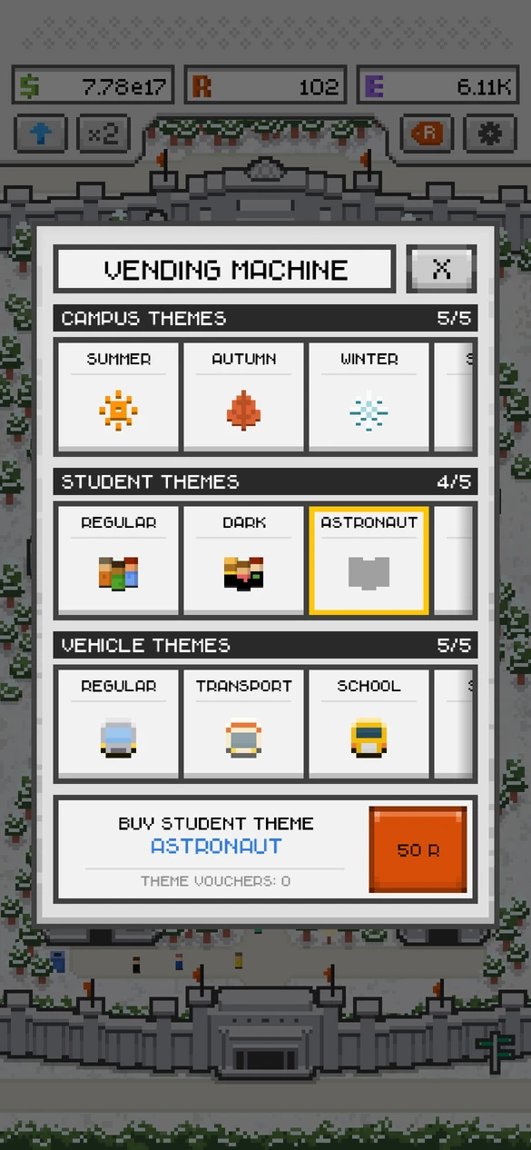 The Vending Machine menu showing campus, student, and vehicle theme choices