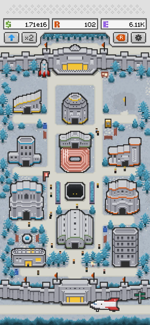 A blue campus theme with icy-colored trees, futuristic buildings, and a rocket at the gate