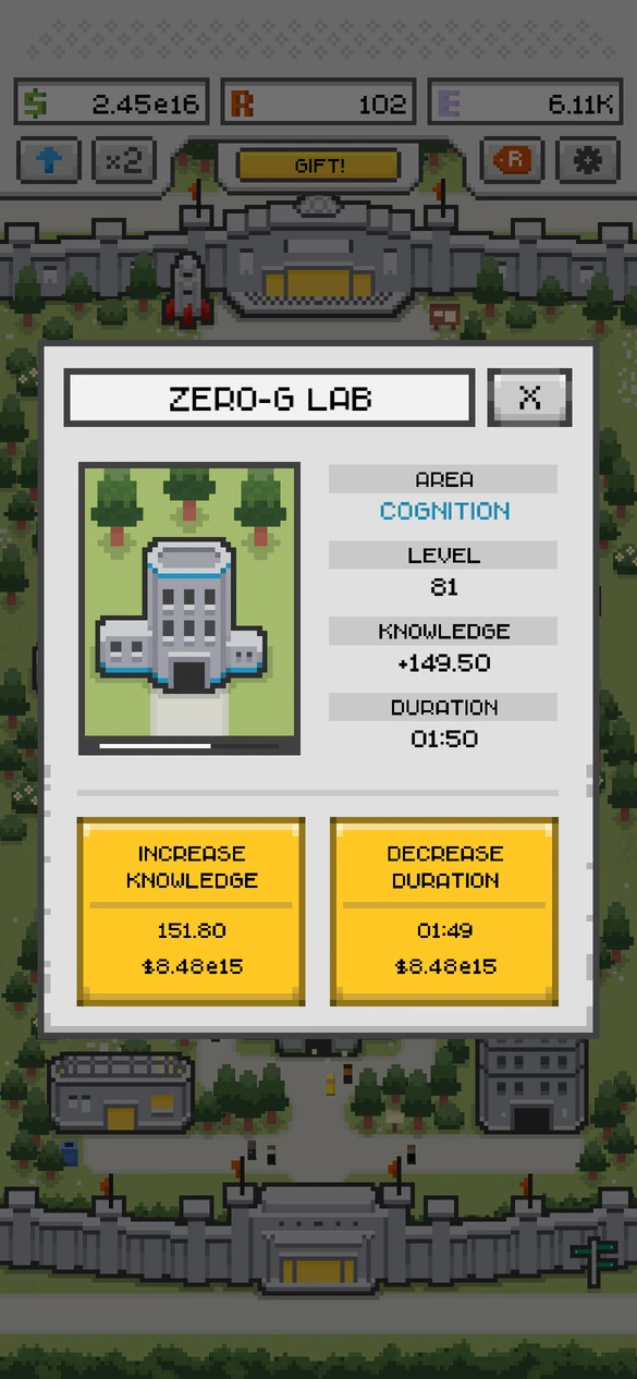 The Zero-G Lab upgrade panel with Cognition knowledge and training-duration improvements