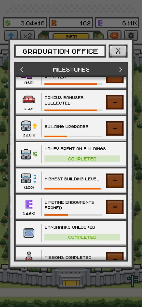 Graduation Office milestones tracking building upgrades, campus bonuses, Endowments, and landmarks
