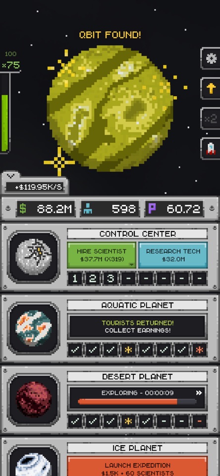 Planetary Idle control center showing cash, scientists, planets, and expeditions