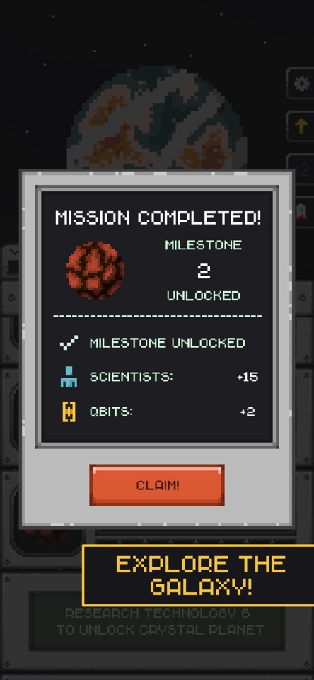 Planetary Idle mission completed screen showing a milestone and QBits