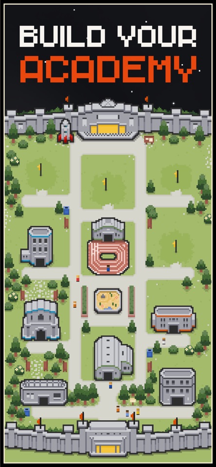 Space Academy Idle campus with academic buildings and students
